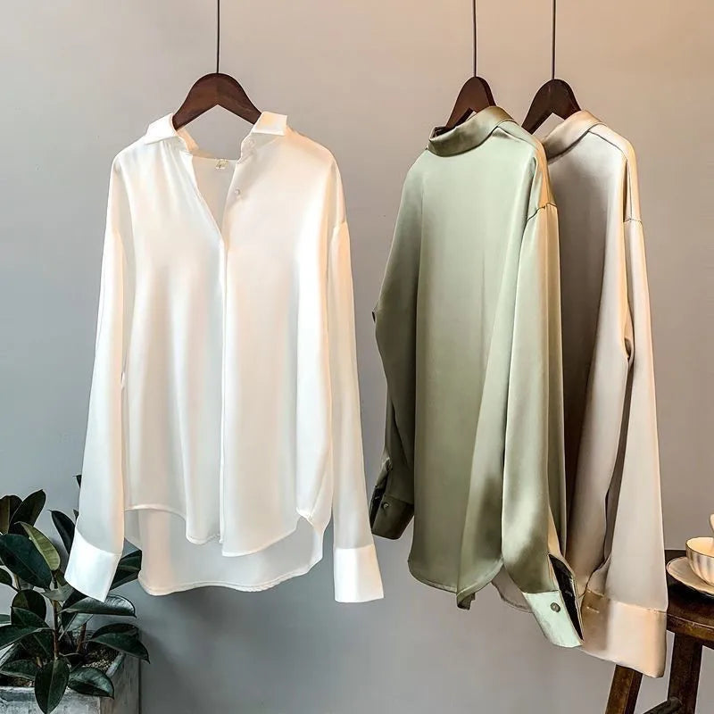 Korean Office Ladies Elegant ice Silk Blouse Women Fashion Button Up Satin Shirt Vintage White Shirts blusa grande mujer